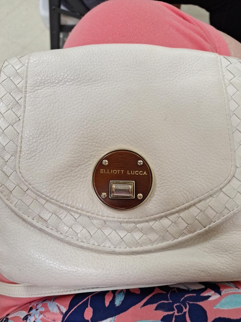 Elliott Lucca Cream Woven Leather Crossbody with Gold-Tone Logo Plate